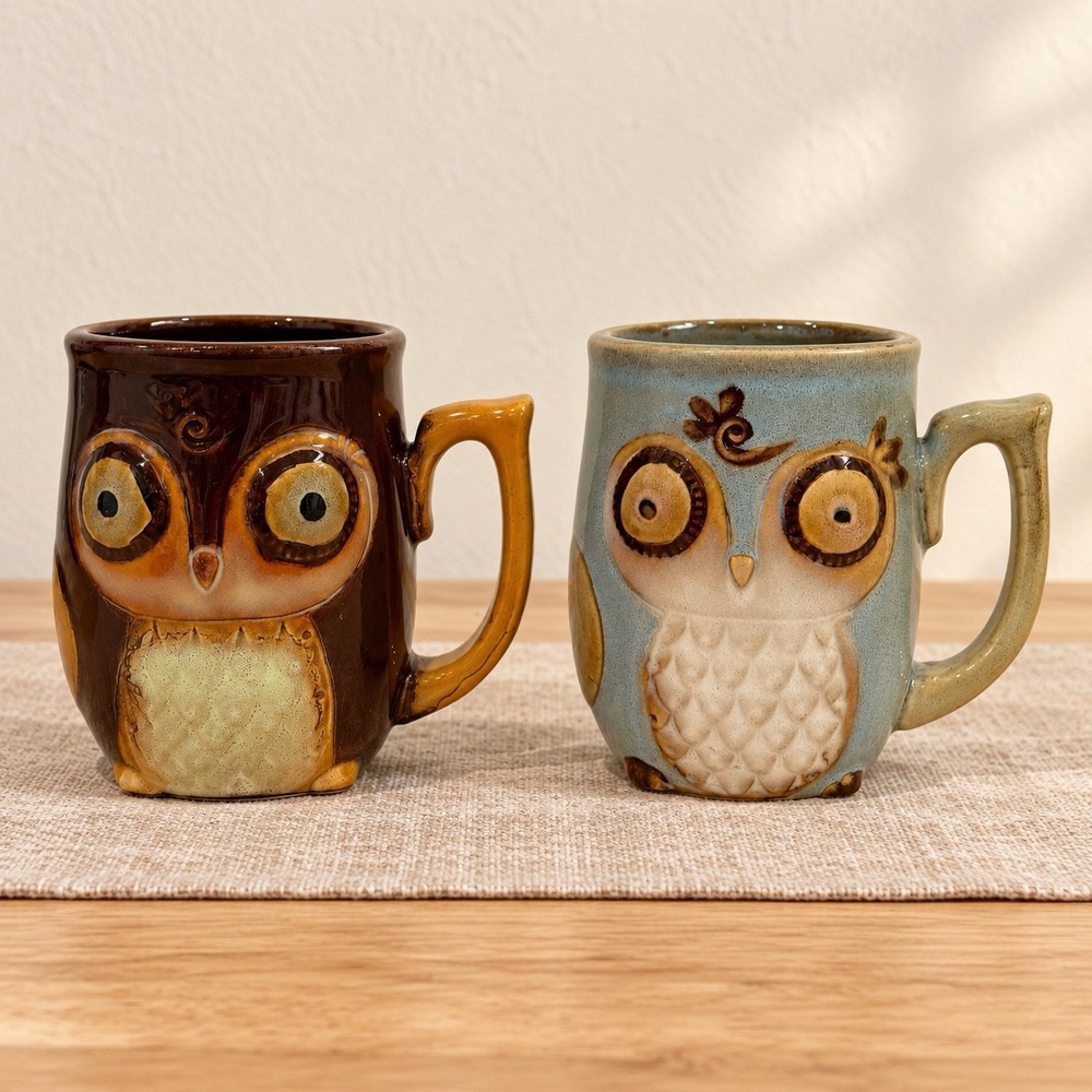Gibson Home Owl Coffee Mugs Set of 2 Ceramic Brown Blue Woodland 4.25"